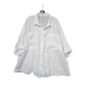 Magaschoni XL White Linen Resort Blouse Roll Sleeve